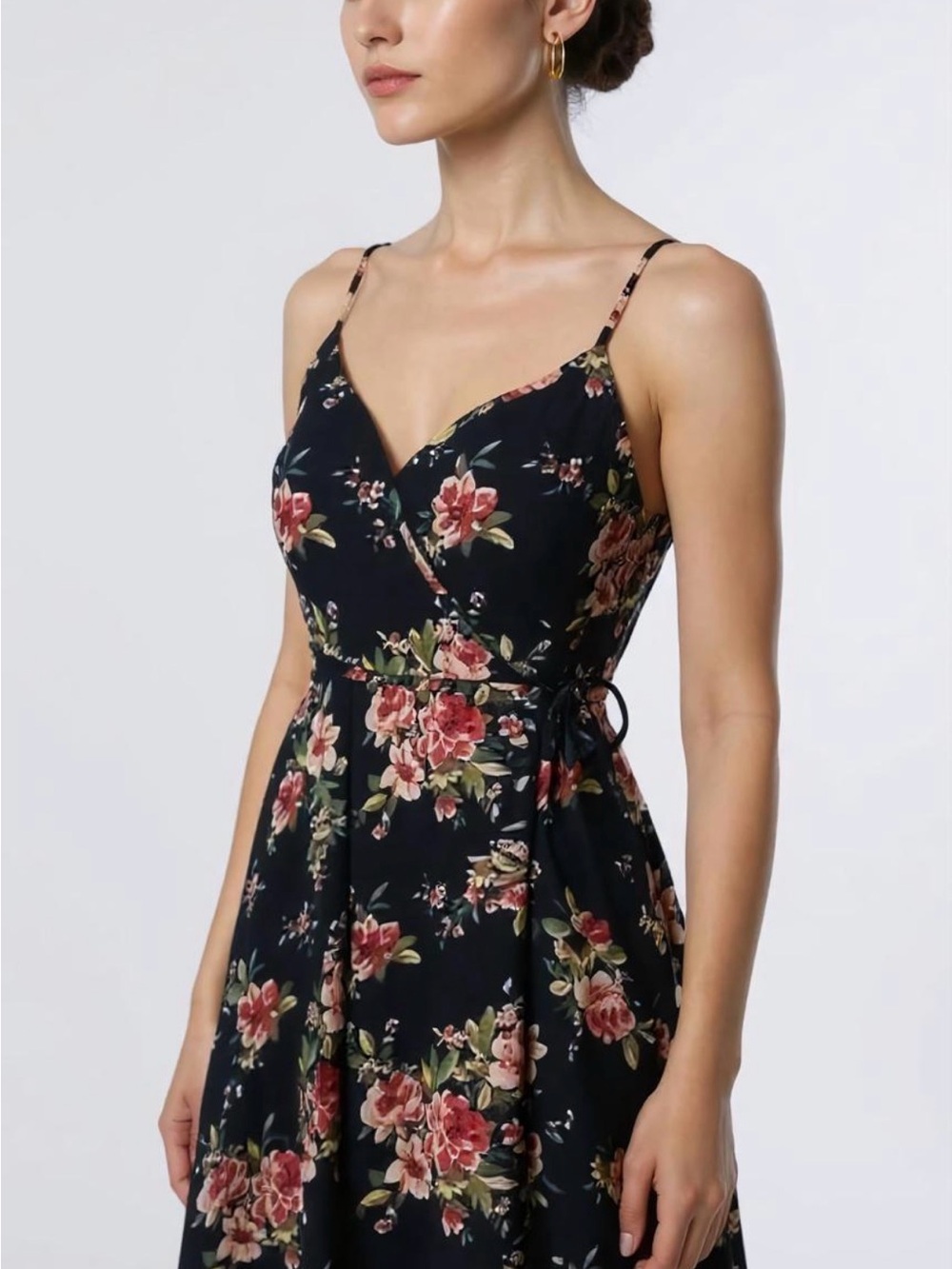 Xhilaration Black Floral Wrap Midi Dress with Spaghetti Straps